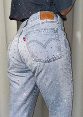 American Jeans Y2K Pants WoGothic Hip Hop Pocket Sequins Rhinestone Retro Blue Jeans Slim High Waist Trousers