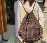 Drawstring Vintage Pleated Backpacks Y2k Aesthetic Plaid Grunge Shoulder Bags High-capacity Harajuku Handbags Crossbody