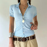 Casual Striped Print Blouse Button Up Short Sleeve Basic Knitted Crop Tops y2k Aesthetic Basic T-shirts Streetwear