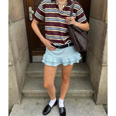 American Retro Contrasting Striped T Shirt Polo Collar Short Sleeve Preppy Vintage Tees Y2K Tops