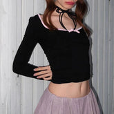 Voguable Sweet Bow Contrast Patchwork Cropped Top Backless V-neck Slim-fit T-shirts Coquette Y2K Knitted Tees Women