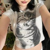 y2k Crop Top Cute T Shirt Cat Print Round Neck Short Sleeve Baby Tee Graphic Clothes 2000s Streetwear