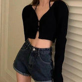 V Neck Crop Cardigans Y2K Korean Long Sleeve Button Sweater Slim Thin Black Knitting Sun Protection Jumper