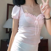 Voguable Cute Frill Lace Bow Decorate Top Puff Short Sleeve Square Collar T-shirts Y2K Aesthetic Tees Coquette