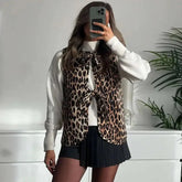 Leopard Waistcoat y2k Clothes Round Neck Sleeveless Tie Up Cardigan Tops 2000s Aesthetic Clothing Streetwear