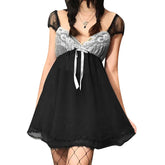 Kawaii Lace Patchwork Dress y2k V Neck Sleeveless A-line Mini Dresses with Bow 2000s Fairycore Grunge Dresses