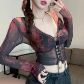 Grunge Crop Tops y2k Clothes Tie Dye Print Tie Front V Neck Long Sleeve Mesh T Shirts 2000s Clothing Streetwear