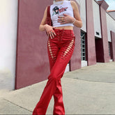 Lace Up PU Leather Pants Chic High Waist Hollow Out Y2K Drawstring Bandage Cut Out Gothic Faux Leather Trousers
