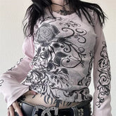 Fairy Grunge y2k Top Aesthetic Clothes Floral Print V Neck Long Sleeve T Shirt 2000s Gothic Clothing Streetwear