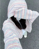 Japanese Y2k Rainbow Striped Kawaii Cardigans All Match Hooded Sweaters Loose Zipper Grunge Knitted Coat Pull Femme