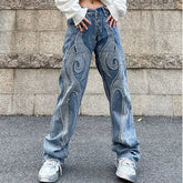 Vintage Flame Embroidered High Rise Jeans Washed Old Loose Fit Jeans Y2K Jeans Casual Pants Loose Fit Jean