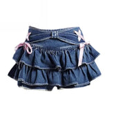 Voguable Blue Denim Pleated Skirt Y2K Aesthetic Sweet Pink Bow Lace Up Ruffles Cake Mini Skirts Harajuku Kawaii Short Skirt 90s