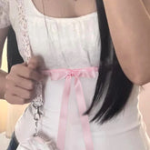 Voguable Coquette Contrast Bow Decorate Top Y2K Slim-fitting Puff Sleeve T-shirt Cute Japanese Lace Patchwork Tee