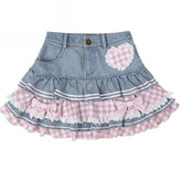 Voguable Preppy Style Lolita Kawaii Skirts Japanese Sweet Mini Harajuku Cute Ball Gown Denim Skater Y2K High Waist Lace Cake Skirts