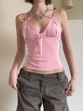 Voguable Kawaii Lace Bow Patchwork Camis Coquette Aesthetic V Neck Corset Tops Y2K Streetwear FeAesthetic Clothes