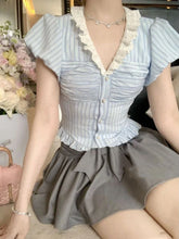 Voguable Japanese Style Kawaii Suit Girls Cute Stripe Slim Bouse + Bow Y2k Mini Skirt Korean Sweet Skirt Set Woman Chic