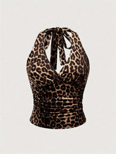 Stretchy Polyester Blend Leopard Print Halter Top - Y2K Grunge Punk Casual Ruched Detail for - Machine Washable