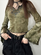 Tie Dye Flare Sleeve T-shirt, Y2K Notched Neck Lettuce Trim Long Sleeve Top For & Fall, Clothing