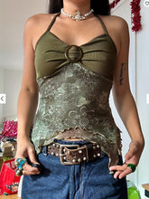 Y2K Tribal Print Green Cami Top with Metal Buckle and Ruched Halter Neck, Polyester Spandex Blend, High Stretch Knit Fabric, Pullover Slingback Style for Spring/Summer/Fall