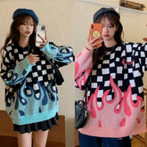 Plaid Sweater with Red and Blue Flames