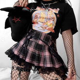 Y2K Stripe Black Pink Pleated Skirts Tank Vest Cute Sweet Girls School Skirt Plaid Lace Up Mini Goth Gloves Skirt