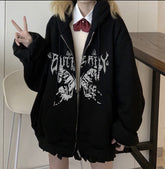 Voguable Y2K Retro Dark Gray Butterfly Zipper Hooded Sweatshirt 90s Harajuku Punk Gothic Zip Up Hoodie Long-sleeved Loose Jacket