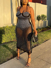 Rhinestone Sheer Spaghetti Strap Midi Dresses