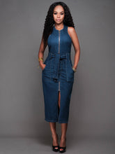 Frontal Slit Zipper Denim Midi Dress