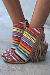 Colorful Striped Fringe Zipper Peep Toe Heels