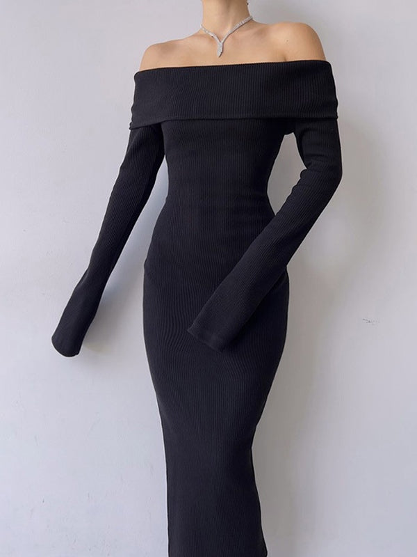 Off Shoulder Black Long Sleeve Knitted Maxi Dress – Omcne