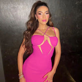 Party-Minikleid aus transparentem Netzstoff mit überkreuzten Strass-Details - Hot Pink