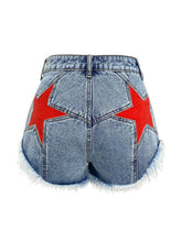 Star Patched Raw Hem Denim Shorts