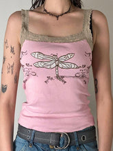 Geripptes, kurzes Camisole-Top mit Spitzenbesatz und Print