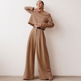 Long Sleeve Crop Top Wide Leg Pant Matching Set - Coffee