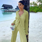 Shirred Blouse Wide Leg Pant Matching Set - Sage Green