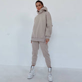 Long Sleeve Hoodie Matching Set - Beige