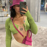 Cárdigan corto de canalé de manga larga con abertura frontal y letras llamativas - Verde