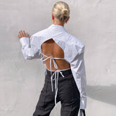 Shoulder Pad Pointed Collar Tie String Blouse - White