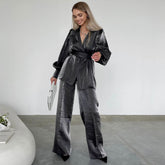 Puff Sleeve Wrap Blouse High Waist Wide Leg Pants Matching Set - Gray