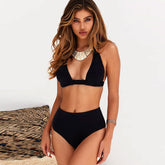Bikini triangular de cintura alta, estilo clásico, color liso, con deslizamiento - Negro
