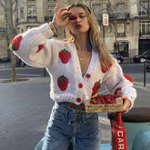 Cute Strawberry Studded Bishop Sleeve Cardigan - White