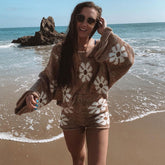 Süßes Blumendruck Pullover Strick Shorts Passendes Set - Khaki