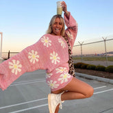 Süßes Blumendruck Pullover Strick Shorts Passendes Set - Rosa