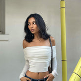 Foldover Ruched Detail Long Sleeve Off Shoulder Crop Top - White