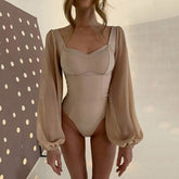 Body de malla con escote alto y mangas abullonadas - Caqui