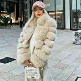 Long Sleeve Spread Collar Bubble Cropped Fur Coat - Beige