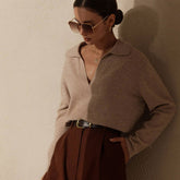 Fabelhafter einfarbiger Langarmpullover mit V-Ausschnitt - Aprikose