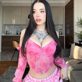 Crop Top mit Blumenmuster, Rüschendetail und schulterfreiem Neckholder-Korsett - Rosa