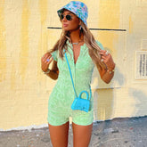Fluffy Letter Embossed Sleeved Romper - Green