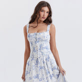 Fresh Tie Front Square Neck Frill Bustier Floral Printed Tank Top - Blue